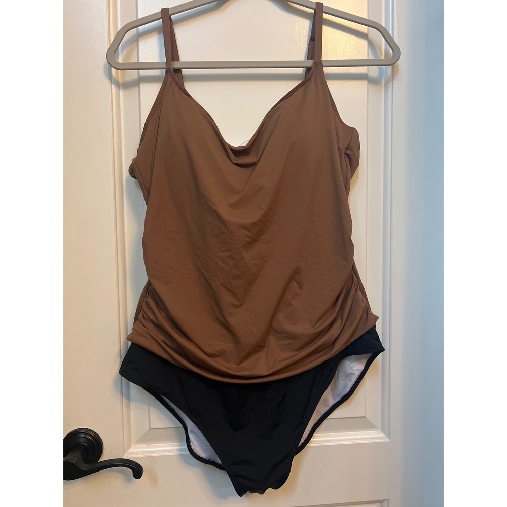 Aidonger Womens 2XL Brown Black Ruched Cowl Neck One Piece Swimsuit NWT
